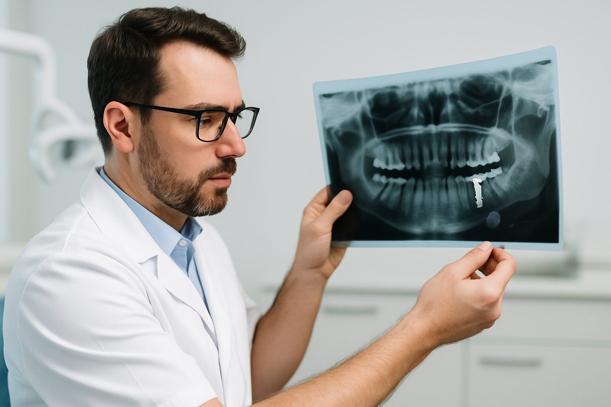A dentist is examining a patient's x-rays in order to plan the patient's "oral surgery and implant" procedure. No text on the image.