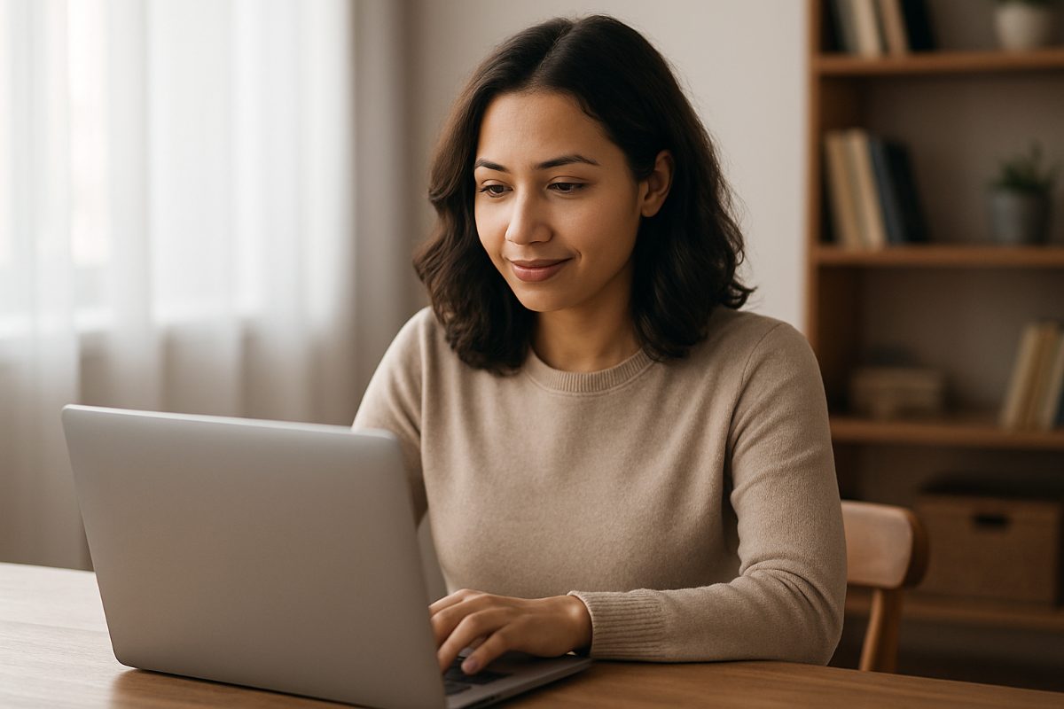 A smiling woman reviewing different affordable dental plans in California on her laptop. The graphic should highlight the key aspects of comparing dental plans like premiums, coverage, and network size. No text on the image.