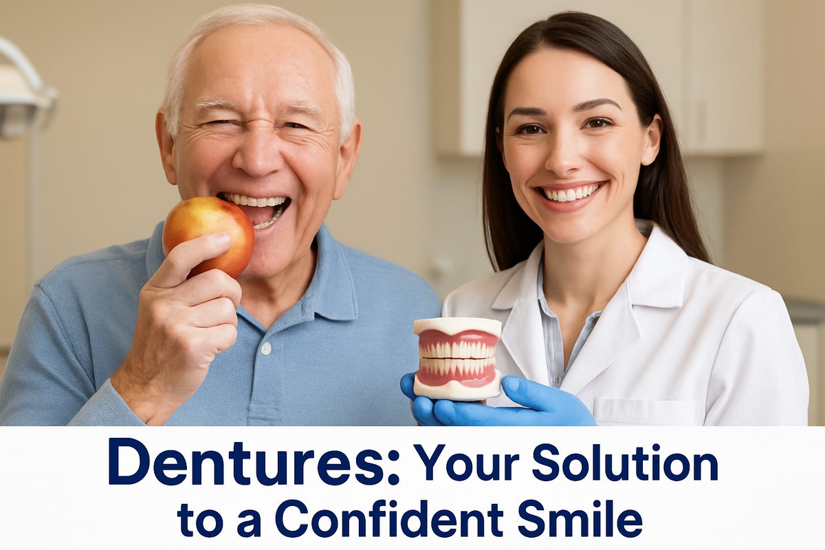 Smiling senior man with well-fitting dentures confidently eating an apple, alongside a dentist holding a model of dentures; conveying the message of comfortable and reliable denture solutions with the text "Dentures: Your Solution to a Confident Smile".