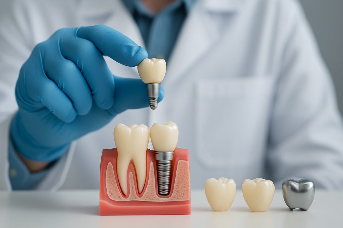 Photo of a dentist holding a dental crown over a dental implant model, with various types of crowns (porcelain, zirconia, metal) displayed in the background. No text on the image.
