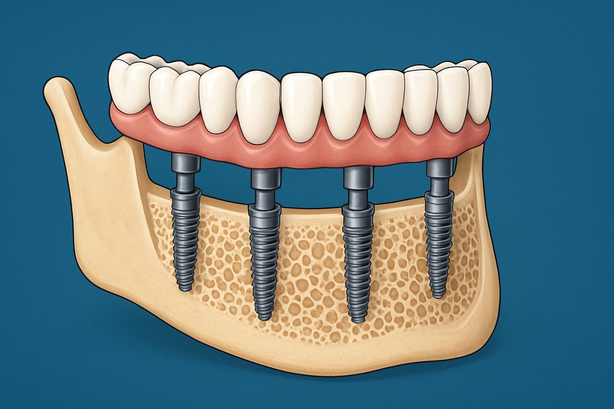 An animated graphic showcasing a cut-away view of the jawbone, highlighting how full dental implants integrate with the bone and support a full set of prosthetic teeth. Show the implants firmly anchored in the jawbone, with the prosthetic teeth securely attached. No text on image.
