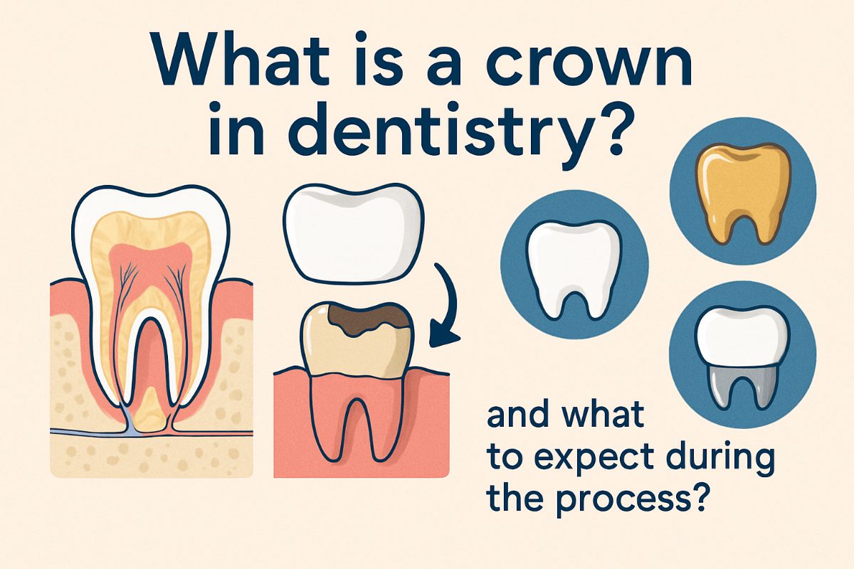 A dentist is pointing to a dental crown on a set of teeth, showcasing how it fits over a damaged tooth to restore its shape and function. No text.