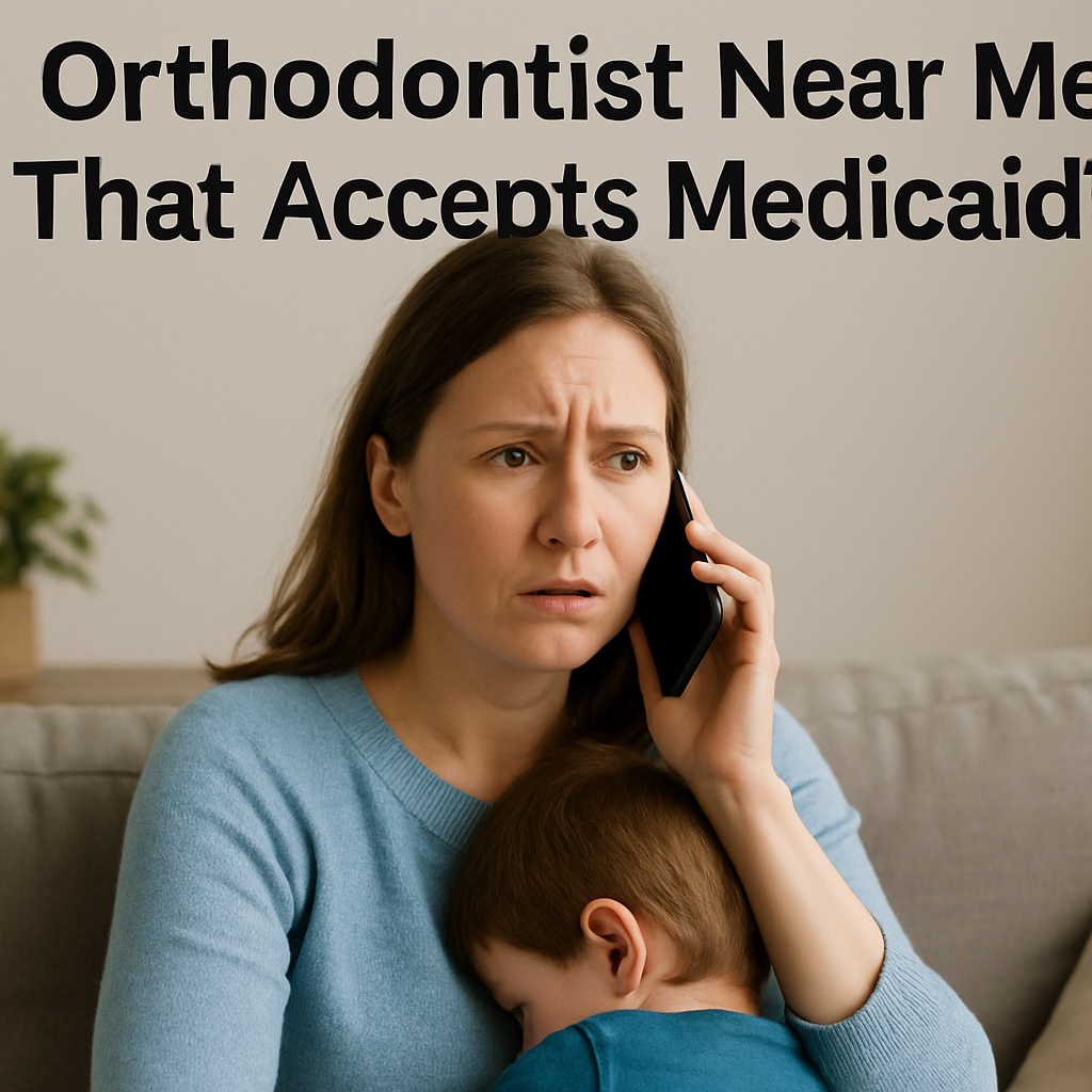 A concerned mother on the phone with Medicaid, trying to find an orthodontist for her child, with the words "Orthodontist Near Me That Accepts Medicaid?" floating above her head.