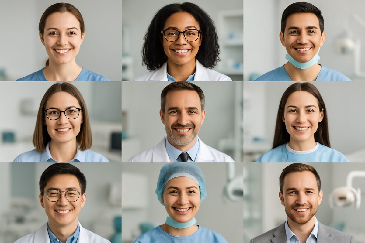 Montage of nine headshots of people who work in the dental field, including a dental hygenist, dental assistant, lab technician, office manager, orthodontist, dental therapist, prosthodontist, surgical assistant, and sales representative. No text on the image.