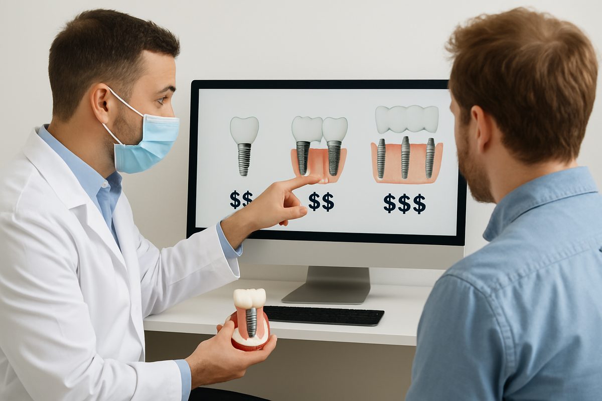 Image of a dentist explaining various dental implant options to a patient while pointing at a digital screen displaying the costs associated with each option. No text on the image.