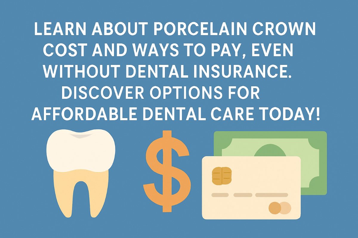 A dentist is explaining the cost of a dental crown to a patient, using a detailed chart showing different materials and their prices. No text on the image.
