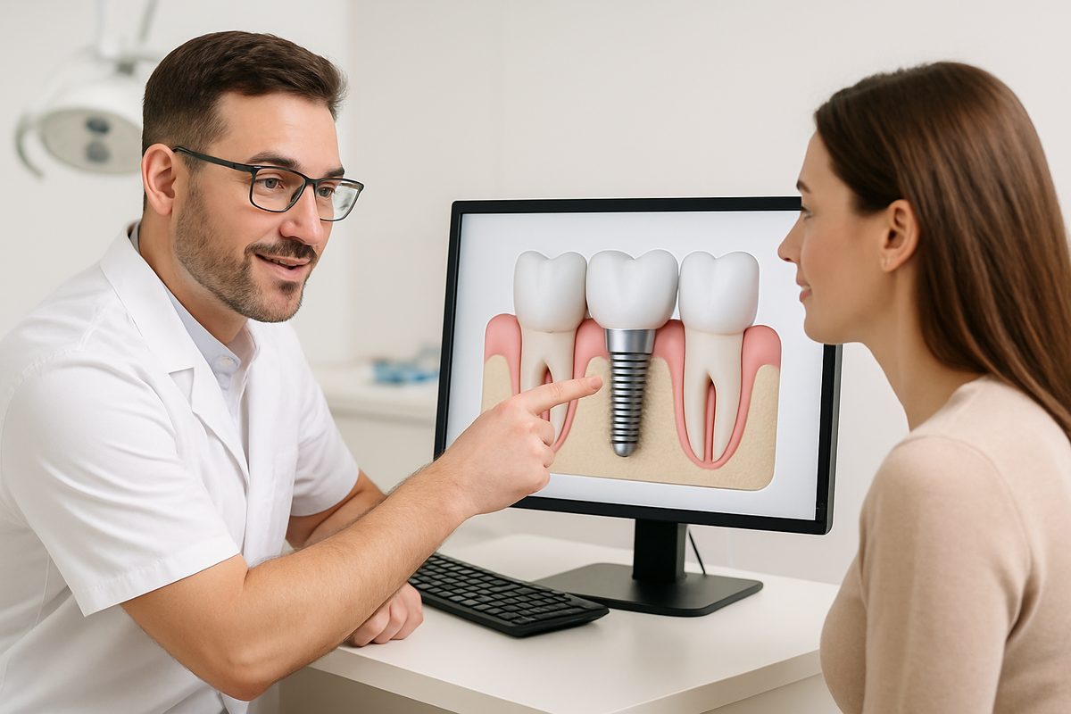 A dentist is consulting with a patient while pointing to a 3D model of dental implants on a computer screen, showcasing the blend of medical and cosmetic aspects. No text on image.