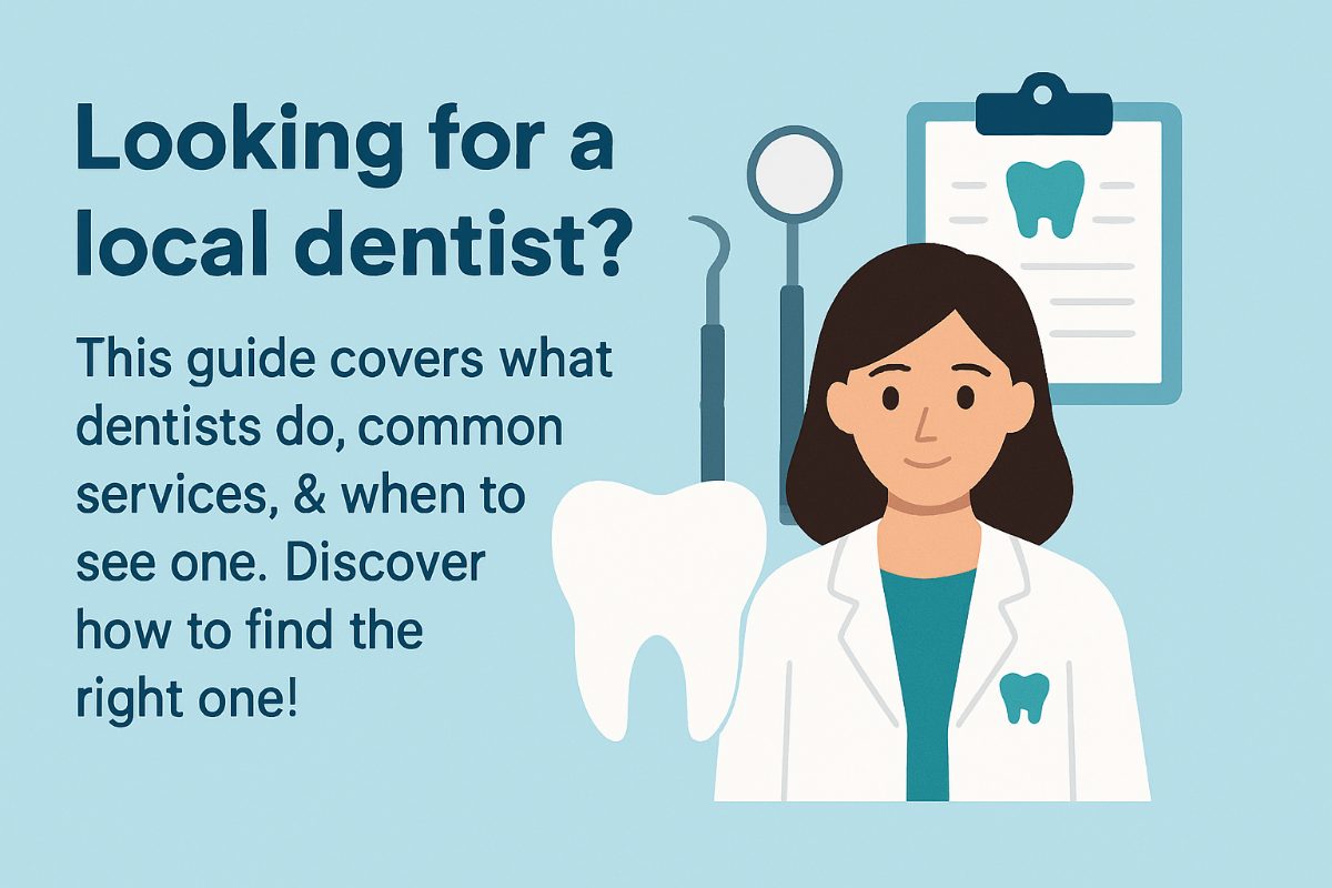 A dentist wearing personal protective equipment leaning over a patient in a dental chair. The dentist is holding a dental mirror and other instruments, and is looking at the patient's teeth. No text on image.