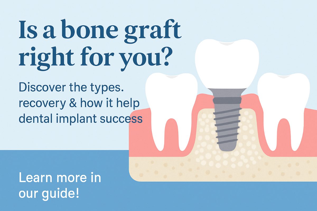 A close-up, before-and-after image showcasing a patient's mouth. The "before" side shows significant bone loss and a missing tooth, while the "after" side displays a successful bone graft and implant with a healthy-looking crown. No text on image.