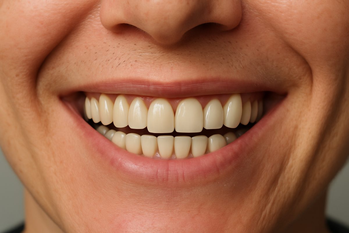 Close up of a patient smiling, with half their smile showing a dental bridge, and the other half showing a dental crown. No text on image.