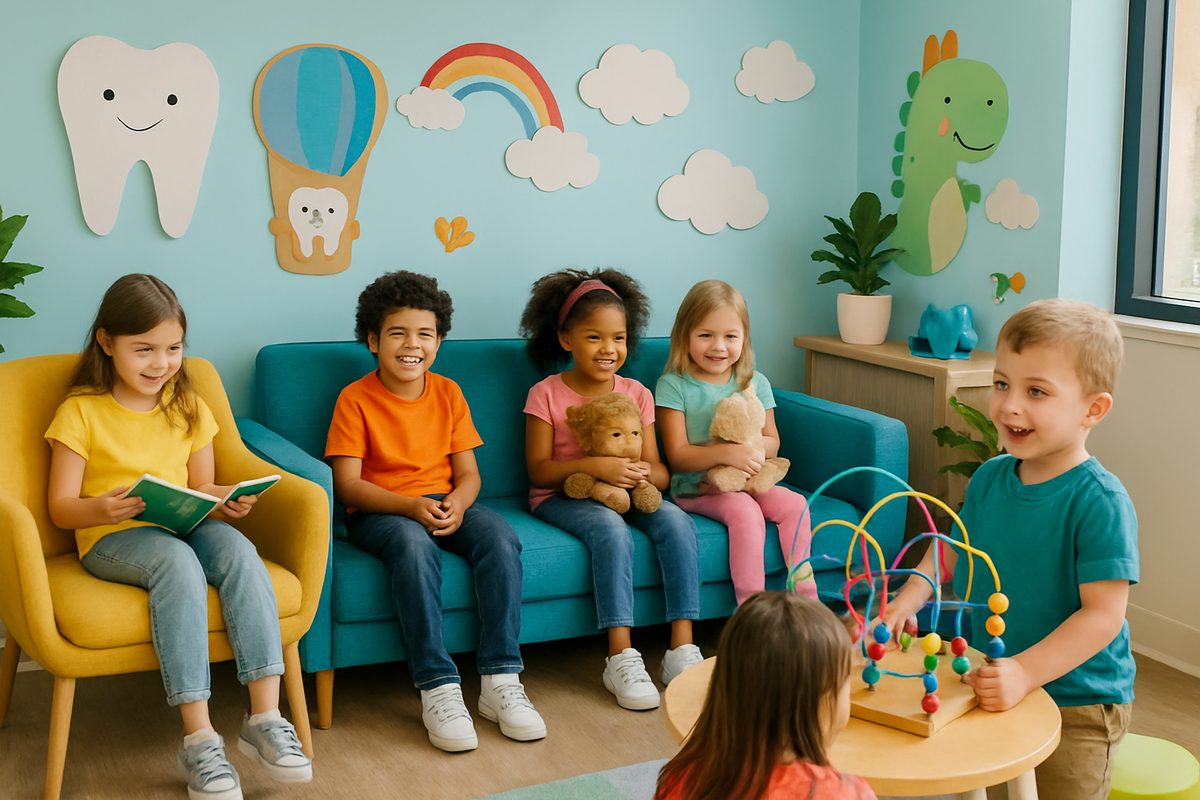 A cheerful dental office waiting room filled with children and playful decorations, conveying a welcoming and kid-friendly atmosphere. No text on the image.