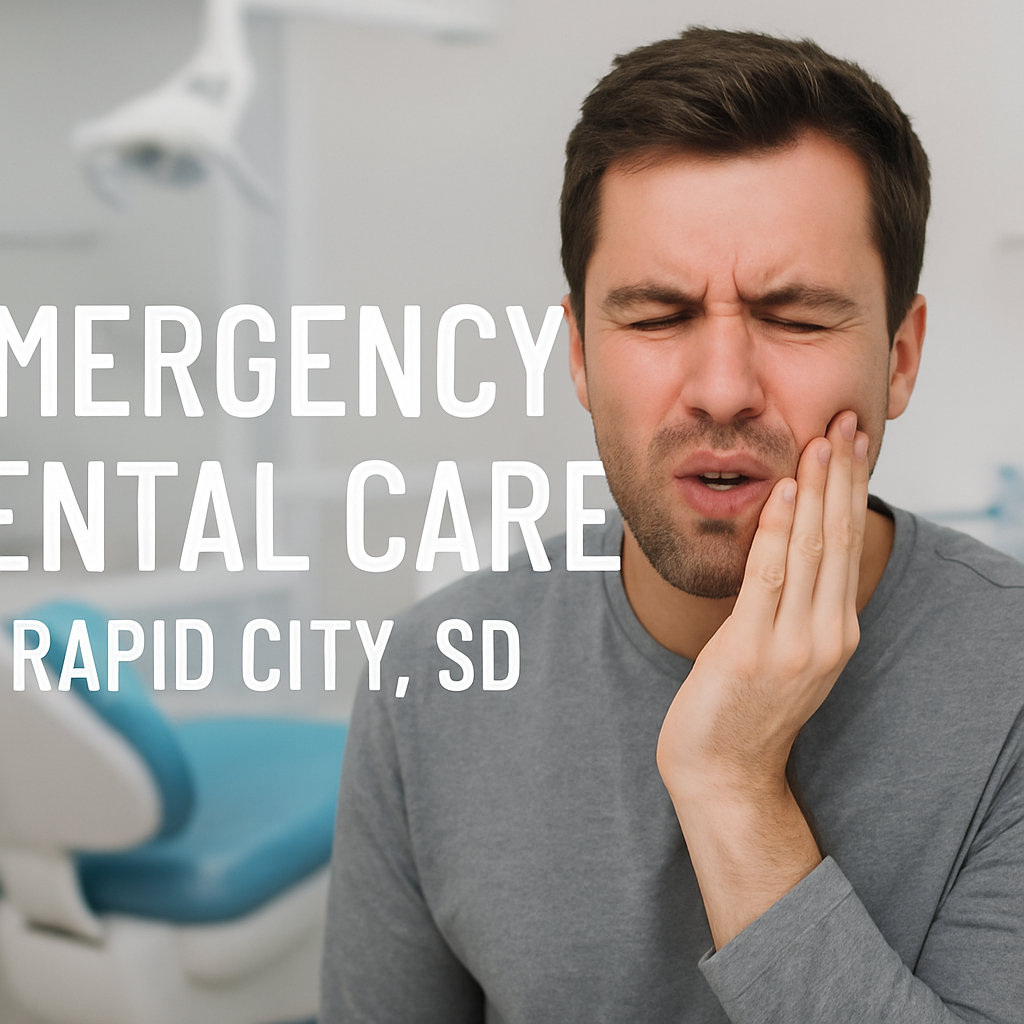 A person in distress is holding their mouth in pain. The background includes blurry images of a dental clinic, and the text on the image says "Emergency Dental Care, Rapid City, SD".