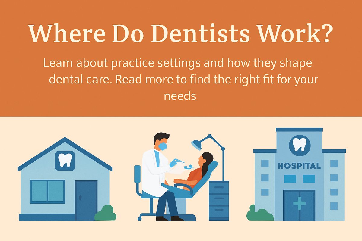 A collage of images displaying a diverse range of dental work environments. Included are solo private practices, group clinics, hospitals, community health centers, dental schools, mobile units, and dental labs. No text on image.