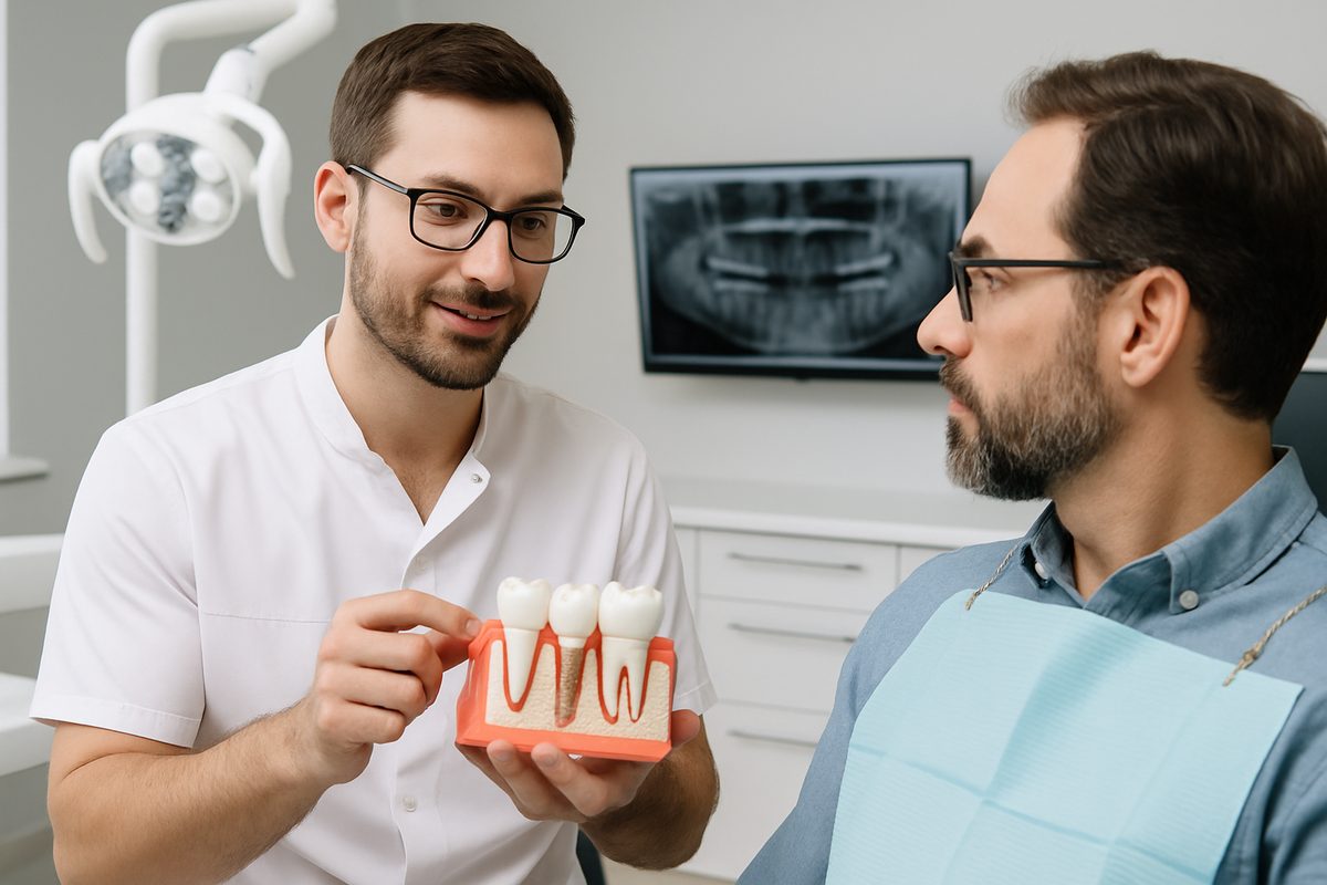 An image depicting a dentist explaining the implant dental procedure to a patient using a model of a jaw with implants. The image should convey trust, expertise, and modern dental technology. No text on image.