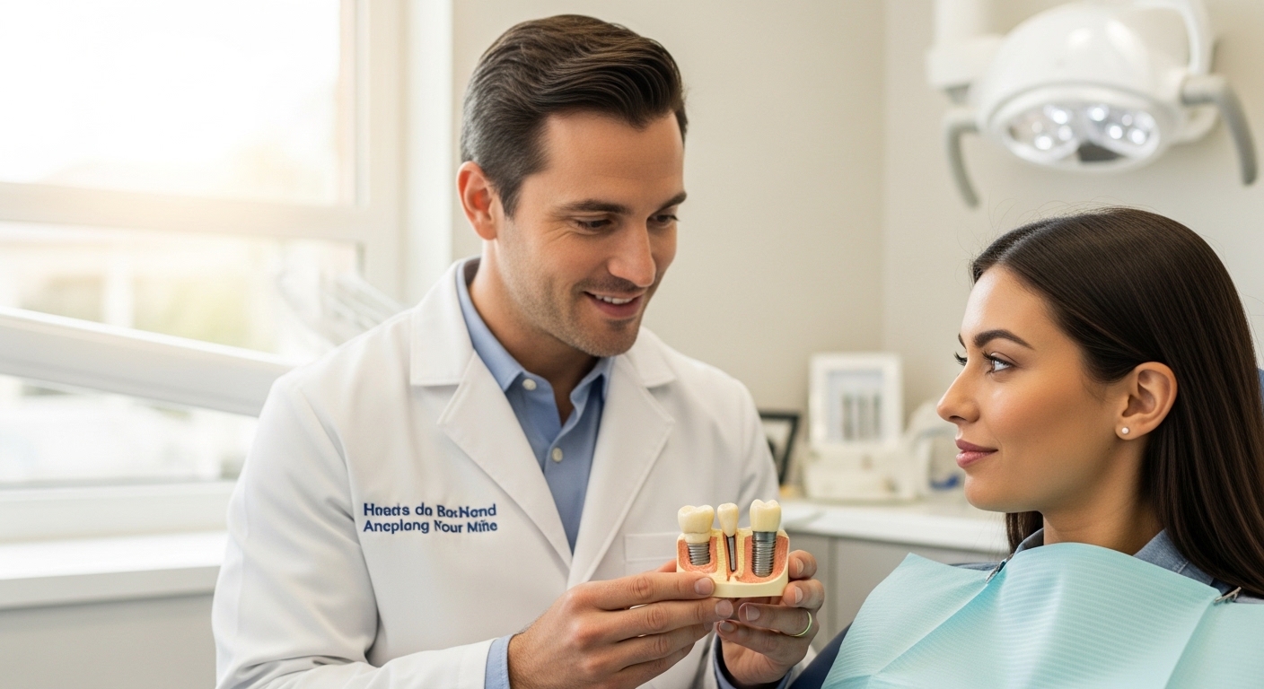 Dentist consulting with patient about dental implants in a professional setting