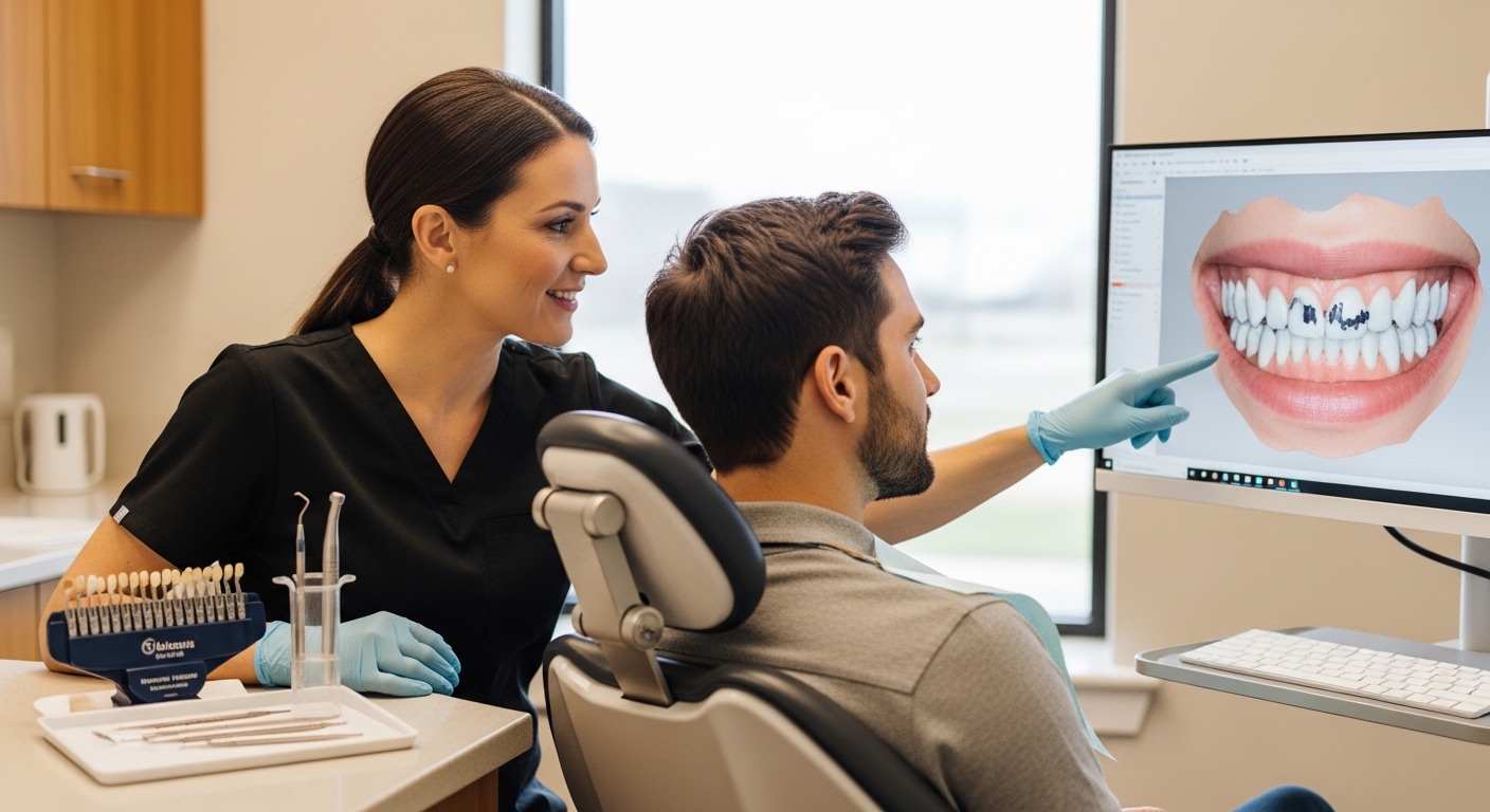 Dentist consulting patient on cosmetic dentistry options in a modern clinic setting