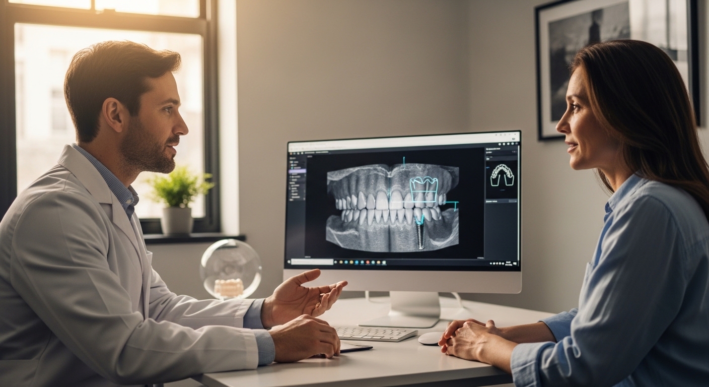 Dentist discussing dental implant crown options with a patient in a modern office.