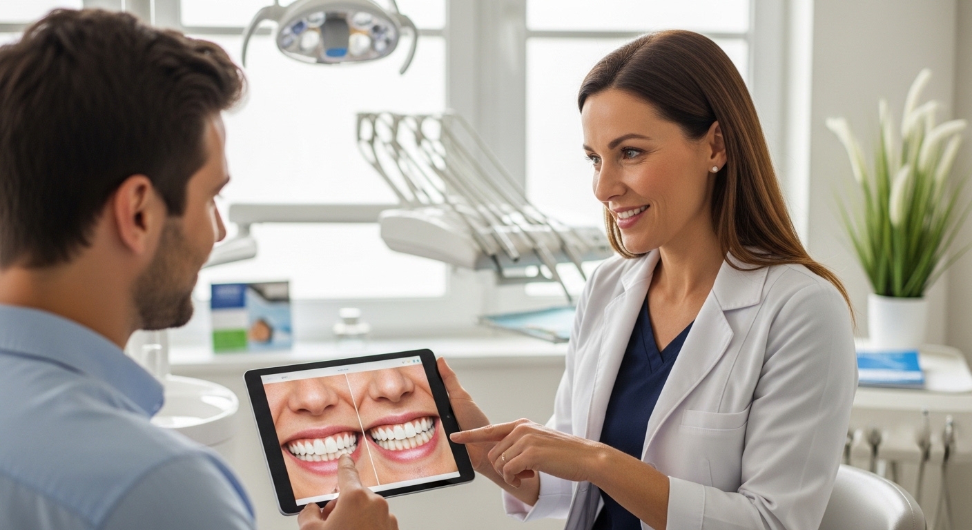 Dentist consulting with a patient in a modern dental office