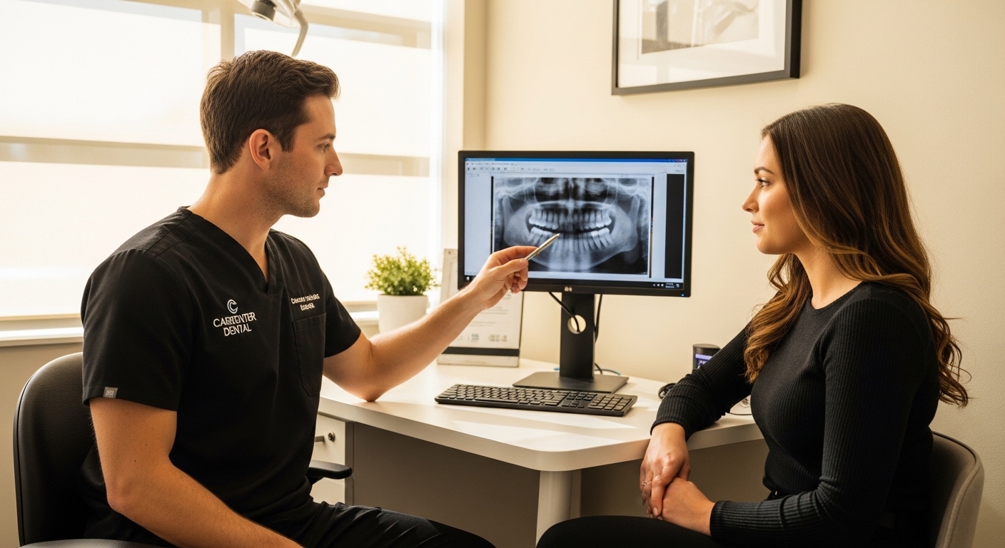 Dentist and patient discussing dental care at Carpenter Dental in modern clinic