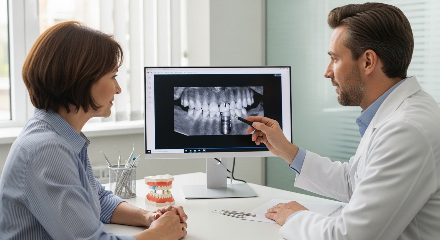 Dental consultation in a modern dental office discussing smile restoration options with a patient.