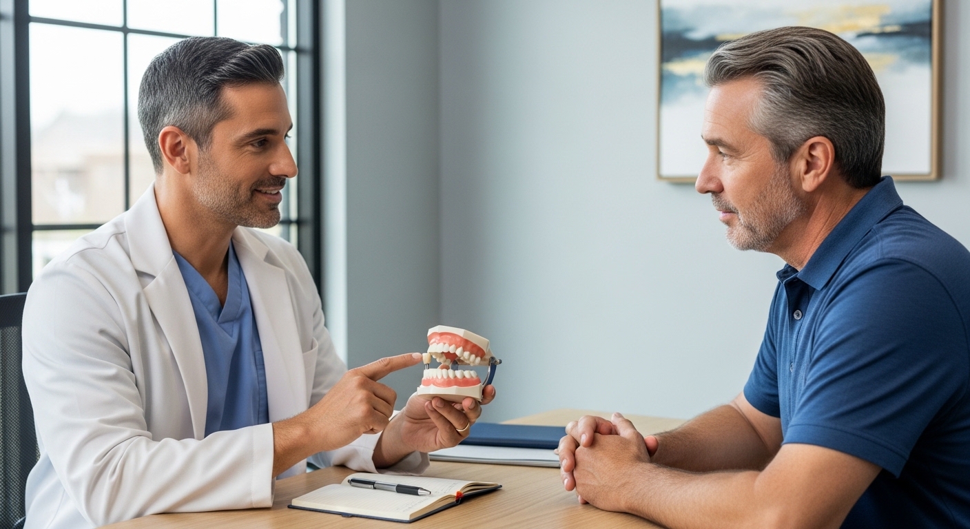 Dentist showing a patient a model of a dental implant crown in a modern clinic