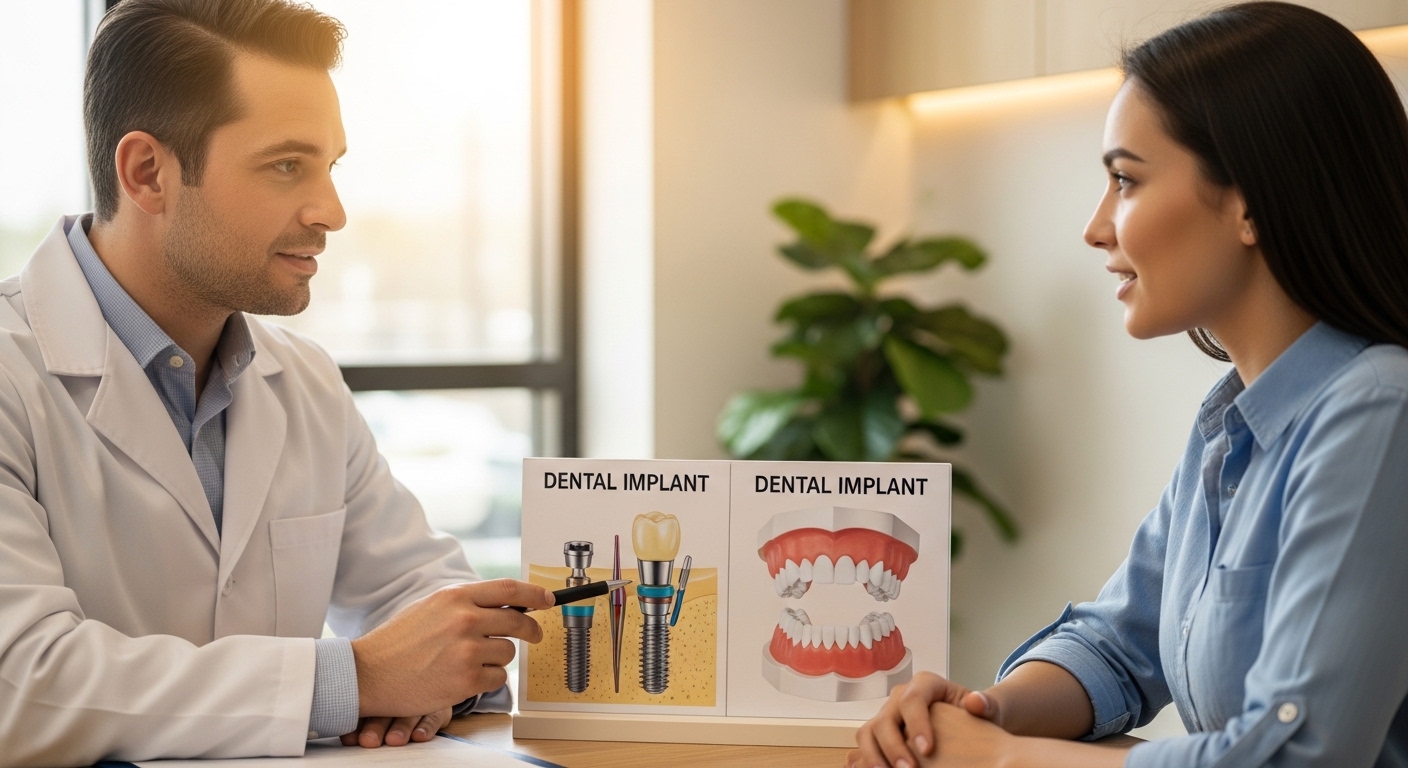 Dentist consulting patient about dental implants and dentures