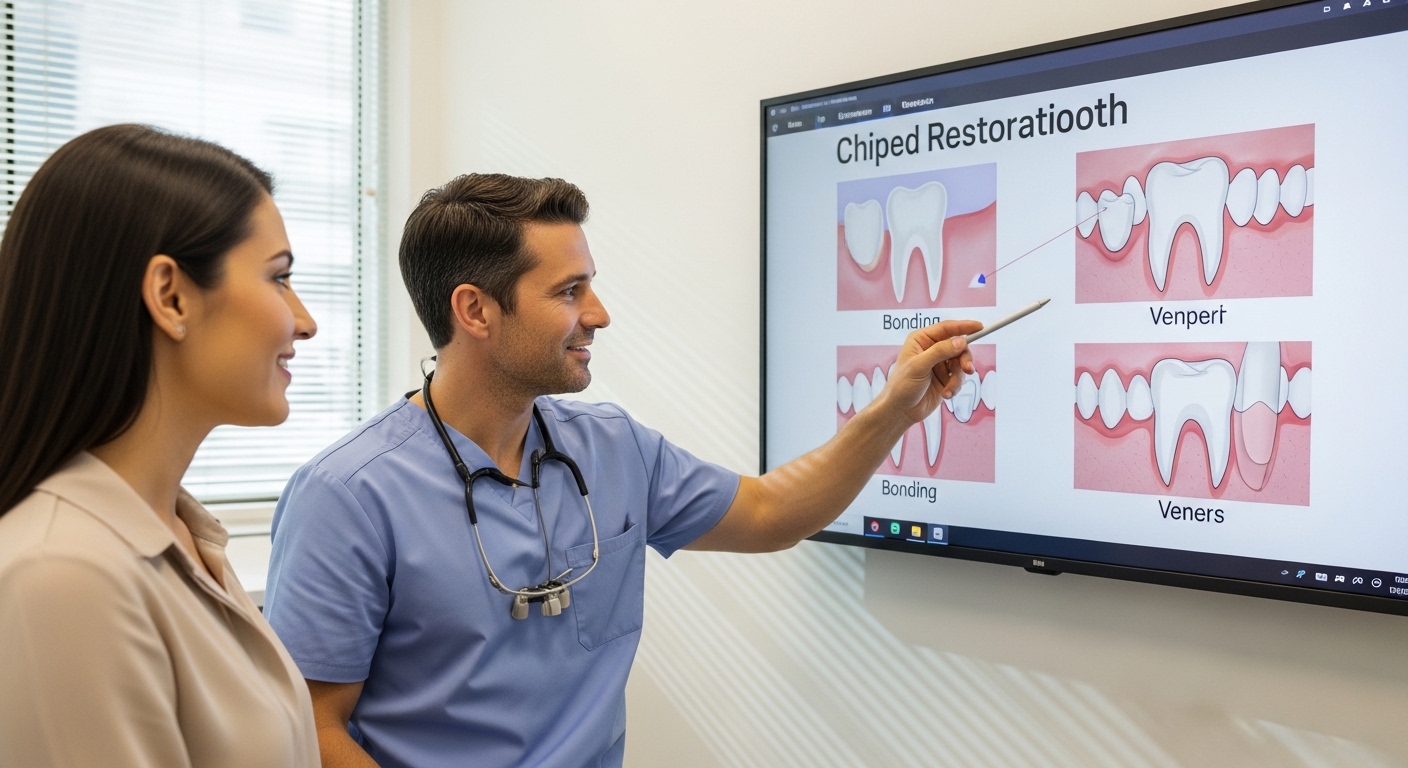 Dentist and patient discussing chipped tooth treatment options