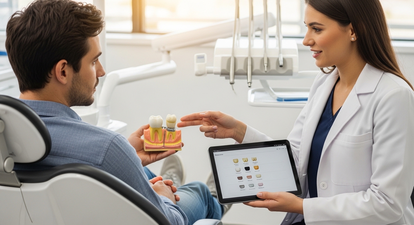 Dentist consulting with a patient about dental crowns in a modern office.