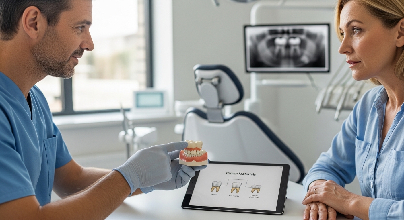 Dentist discussing dental crown options with a patient