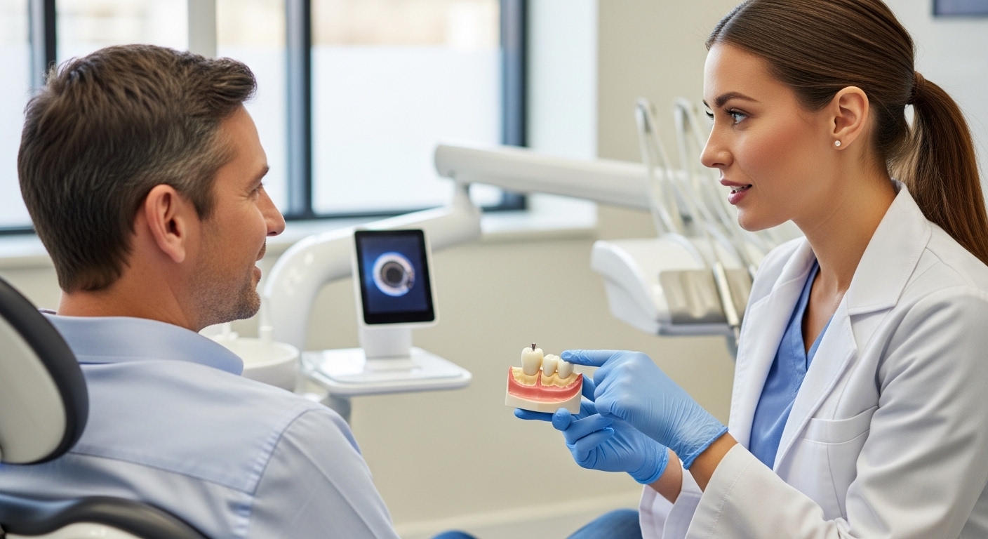 Patient and dentist discussing dental crown options in a modern dental office.