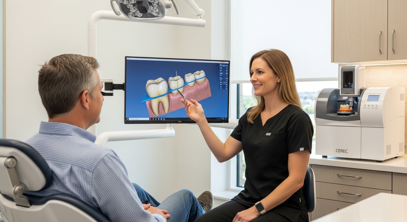 Dentist consulting patient about same-day dental crowns in modern clinic