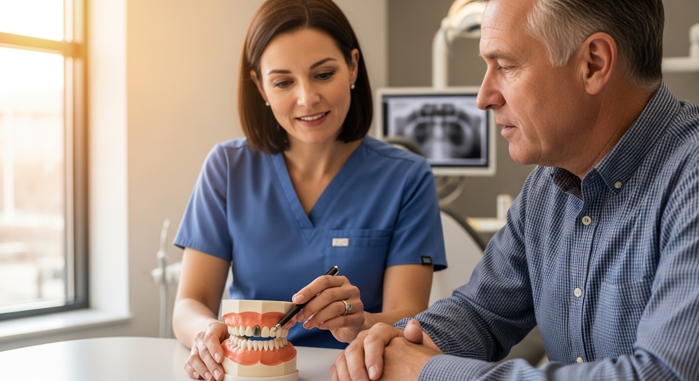 Dentist explaining zirconia bridges to a patient in a modern dental office.