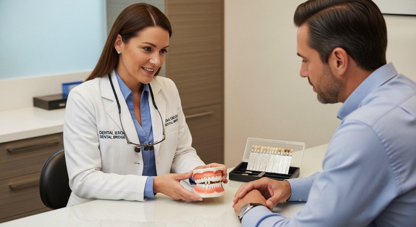 Dentist explaining dental bridge options to a patient