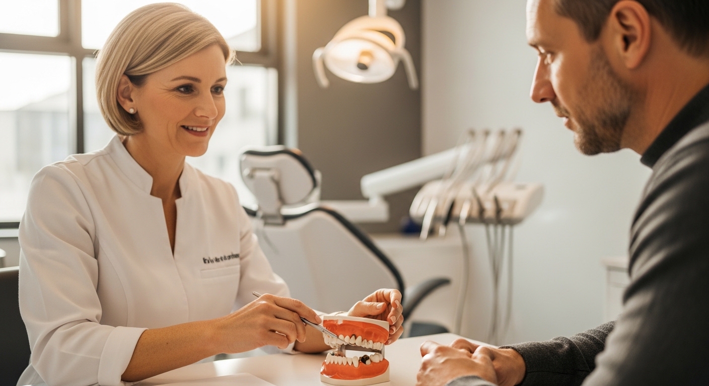 Dentist explaining dental restoration options in a professional setting