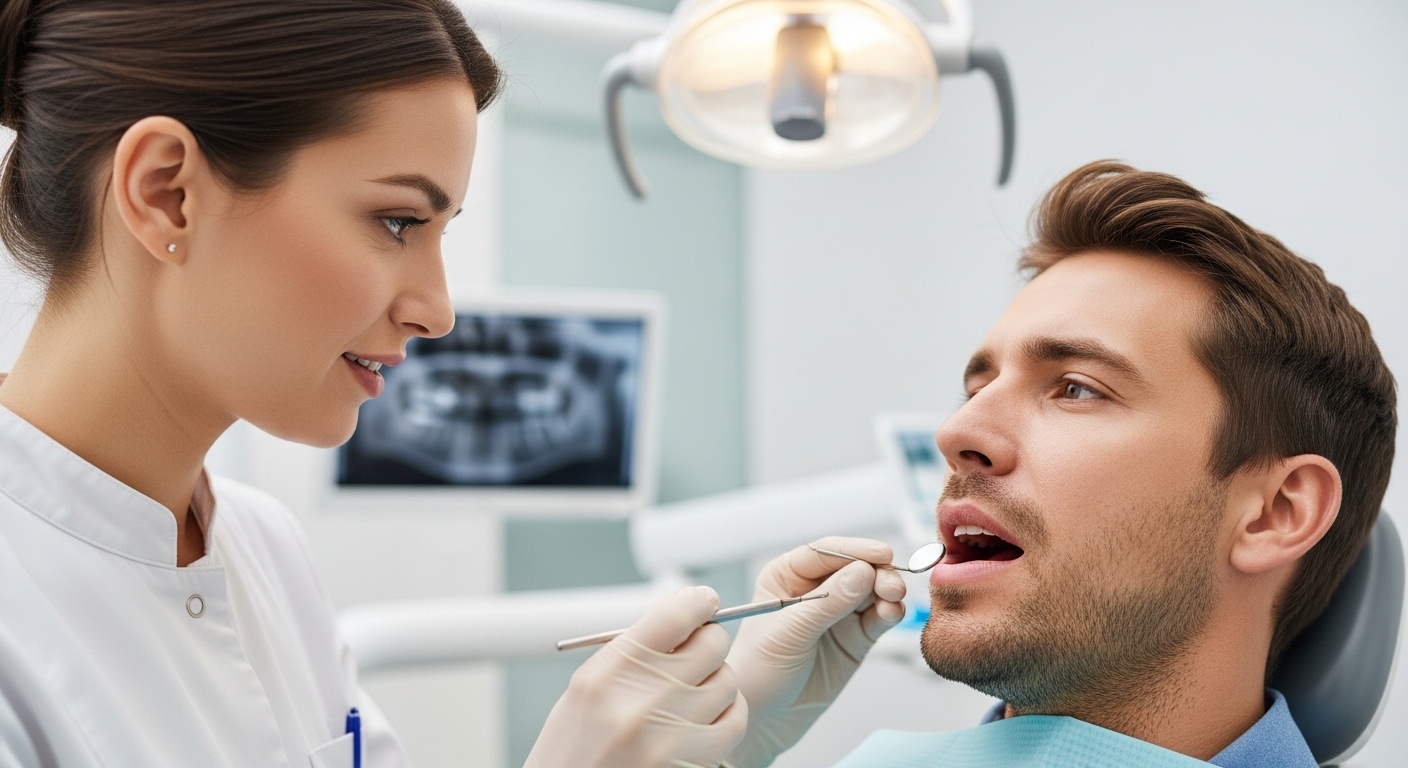 Dentist examining patient in a modern dental office