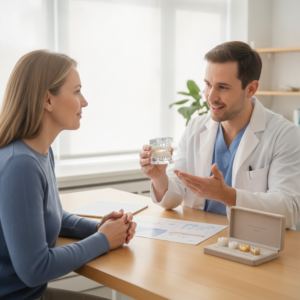 Dentist discussing dental crowns with a patient in a professional setting