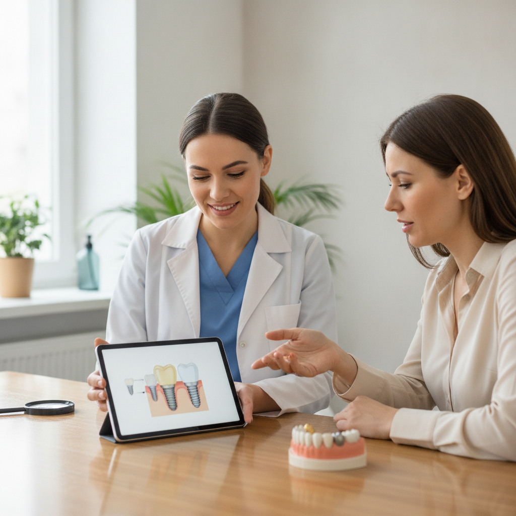 Dentist and patient discussing dental crown options in office.