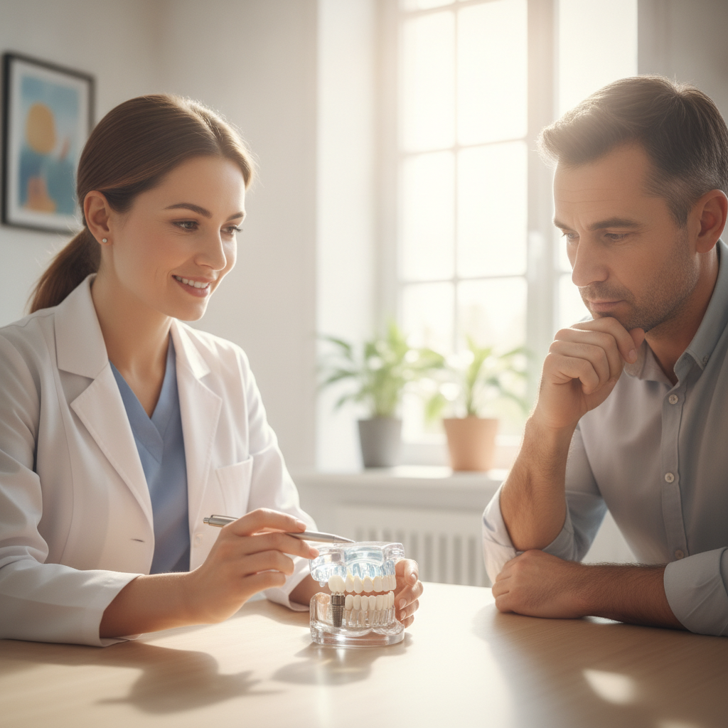 Dentist explaining dental implant crown procedure to a patient