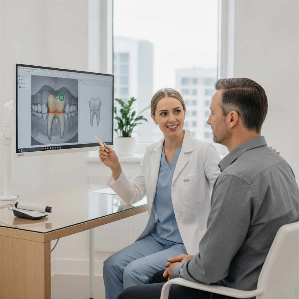 Dentist consulting with patient about dental crown options